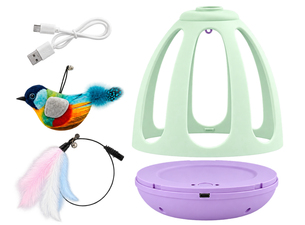 La jaula, con el pájaro de colores visible, la pluma y su cable USB-C